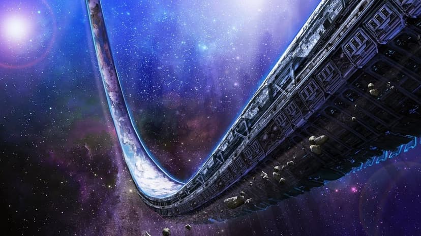 Massive metallic ring world in deep space surrounded by glowing purple nebula clouds and floating debris.
