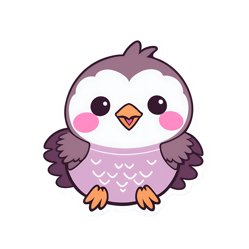 Lavender owl sticker illustration featuring a front-facing violet bird with plum wings and a white outline.