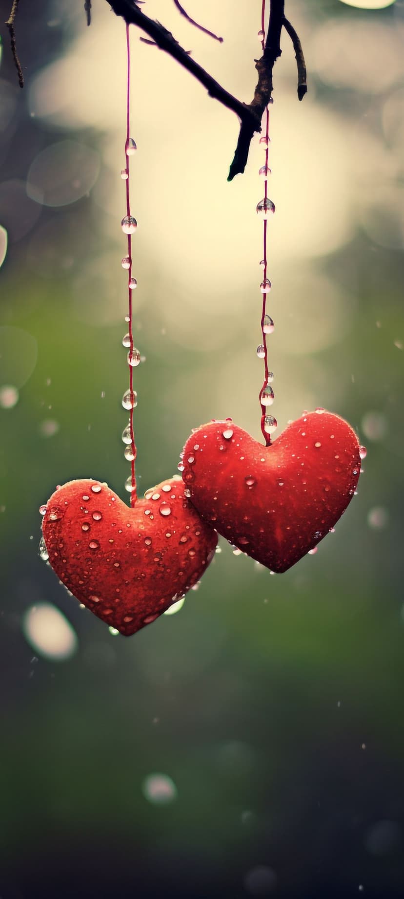 Two red heart ornaments with water droplets hang from strings in front of a blurred green forest with bokeh lights.