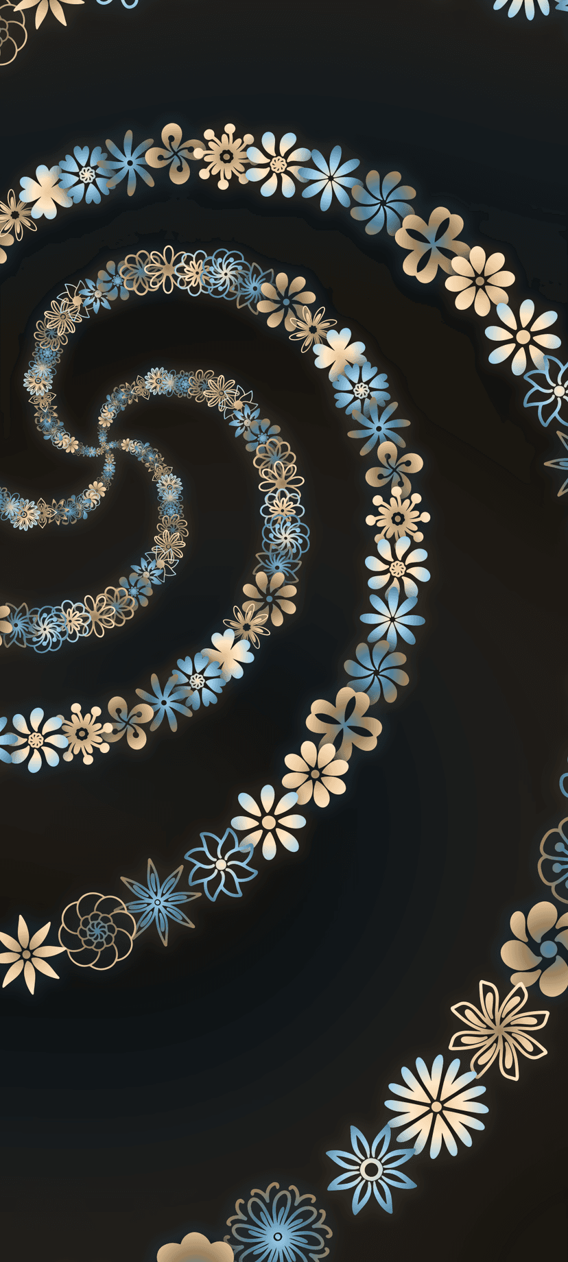 Alternating blue and gold flowers form a deep, winding spiral vortex against a dark and moody textured background.