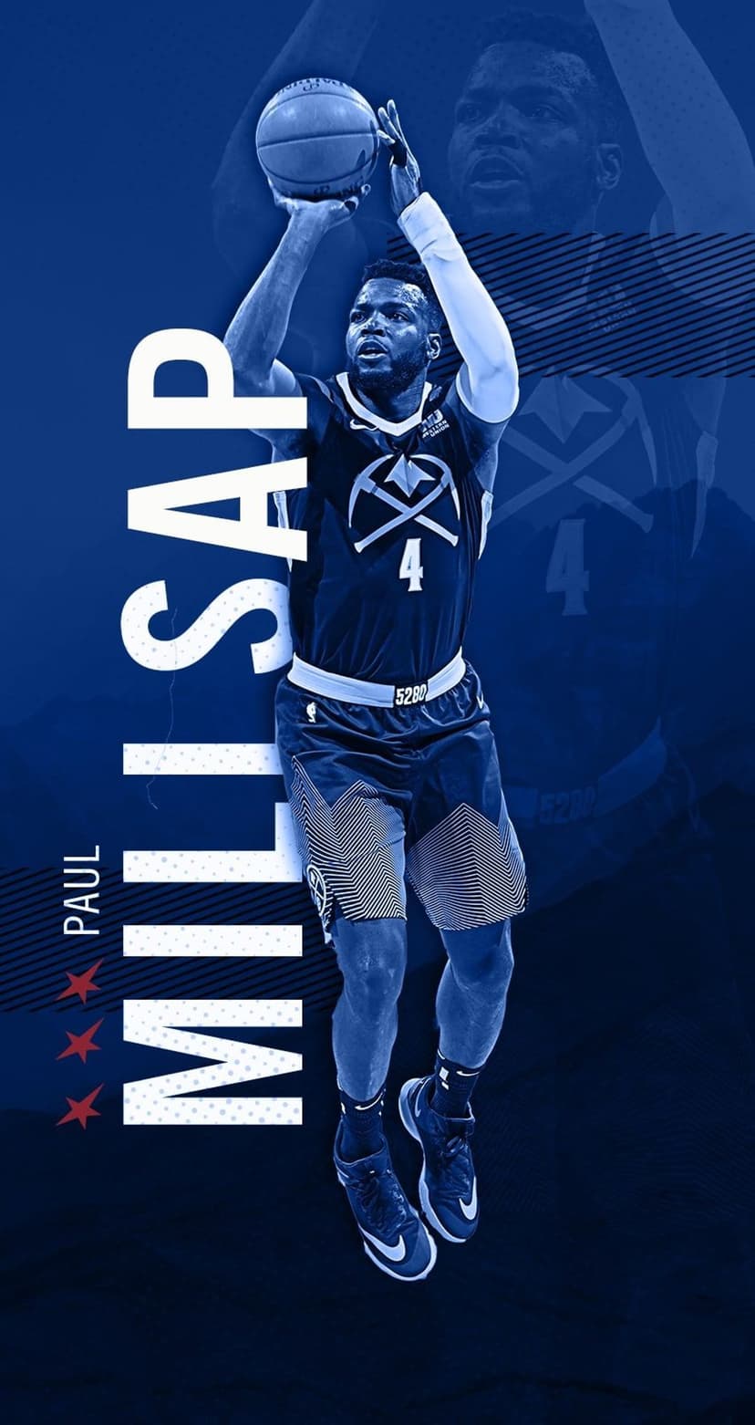 Paul Millsap in a navy uniform shoots a basketball against a blue background with vertical name text and patterns.