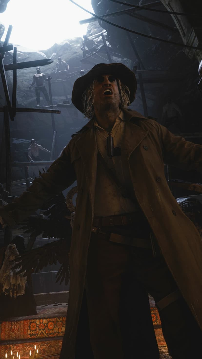 Karl Heisenberg in a trench coat shouting with arms outstretched in a dark cavern with monstrous figures.