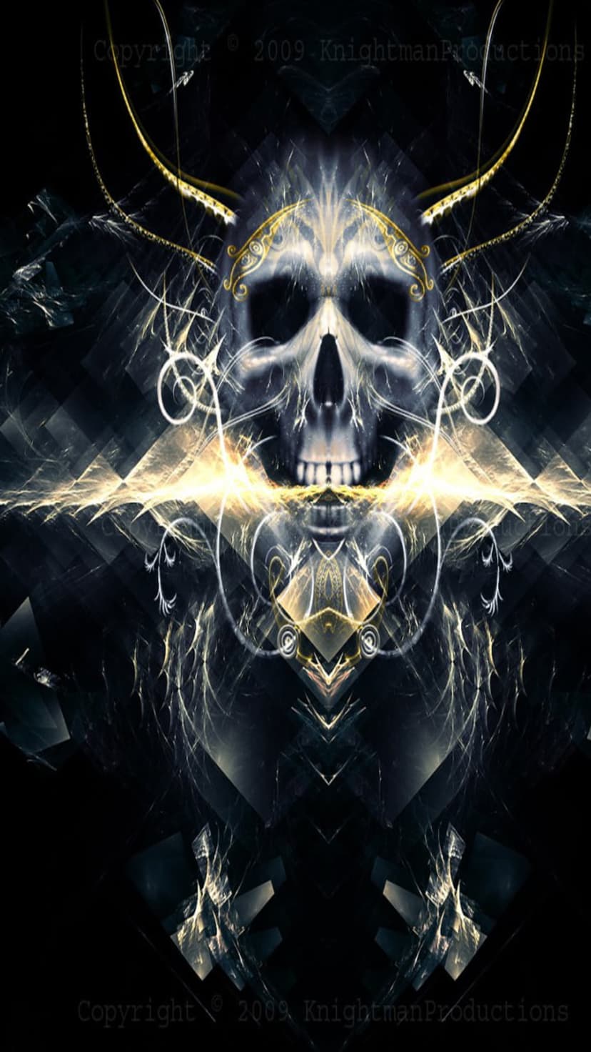 Luminous white skull with golden filigree and geometric fractal shards against a dark vertical background.