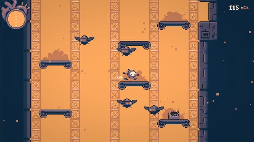 Round pixel art character jumping between platforms near flying drone enemies in a retro industrial setting.
