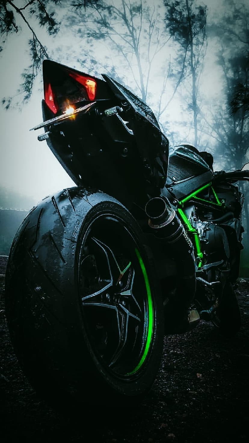 Kawasaki Ninja H2R motorcycle with a green frame parked on a wet forest floor surrounded by thick fog.