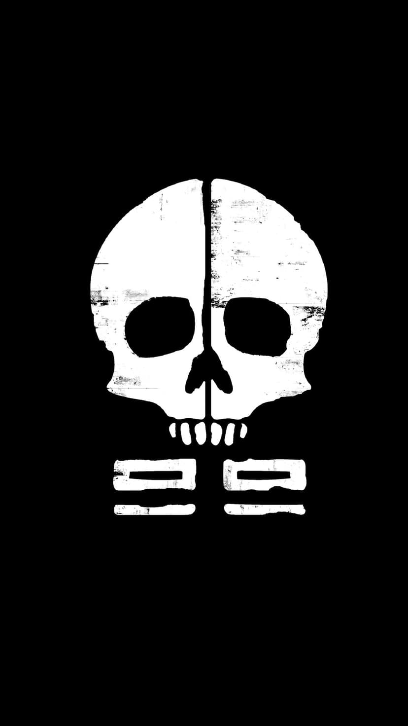 Split white skull logo featuring weathered textures and 02 numbering positioned over a dark black background.