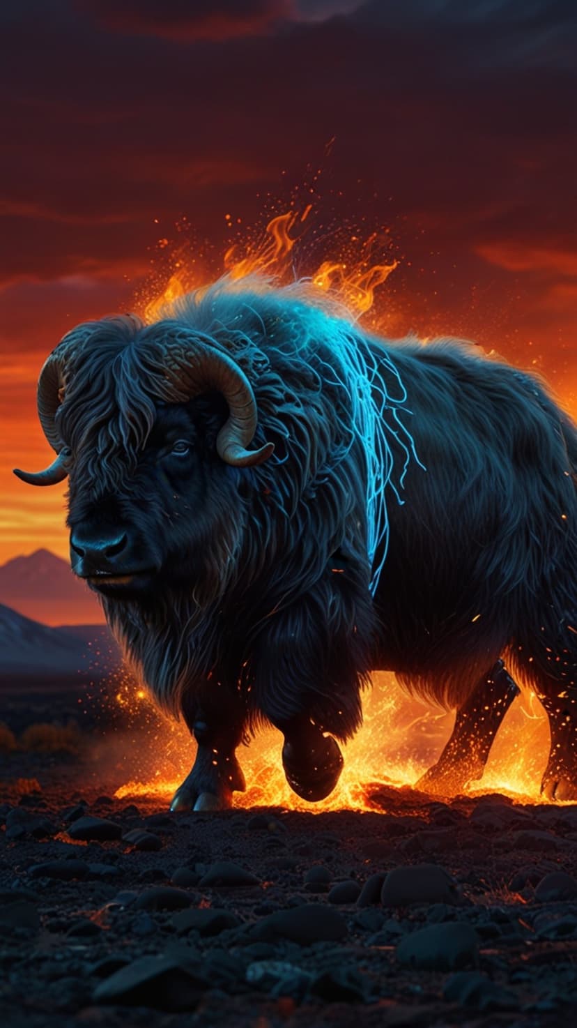 Musk ox with glowing blue fur stands before a fiery volcanic landscape filled with orange embers and thick smoke.