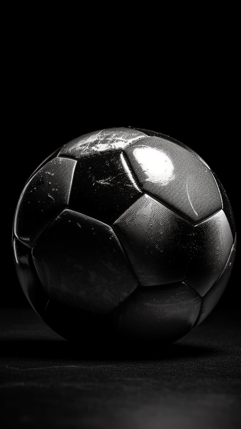 Soccer ball with textured hexagonal panels illuminated by harsh side lighting against a dark black background.