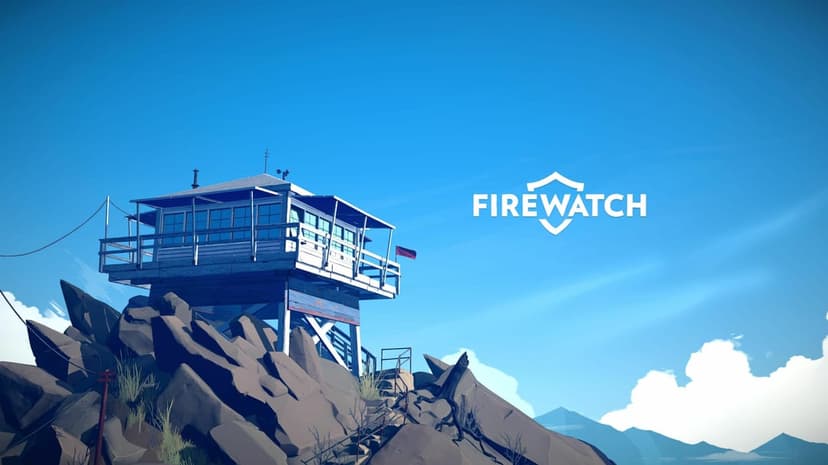 Fire lookout tower perched on dark gray rocks against a bright blue sky with stylized clouds and game logo.