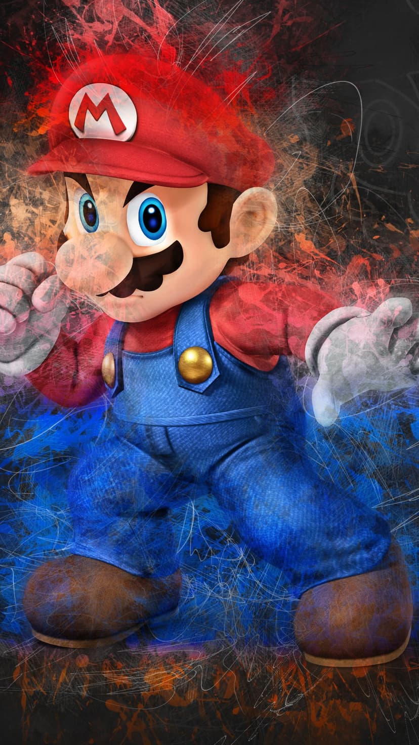 Mario in a crouched fighting stance surrounded by vibrant red and blue splattered energy textures in portrait.