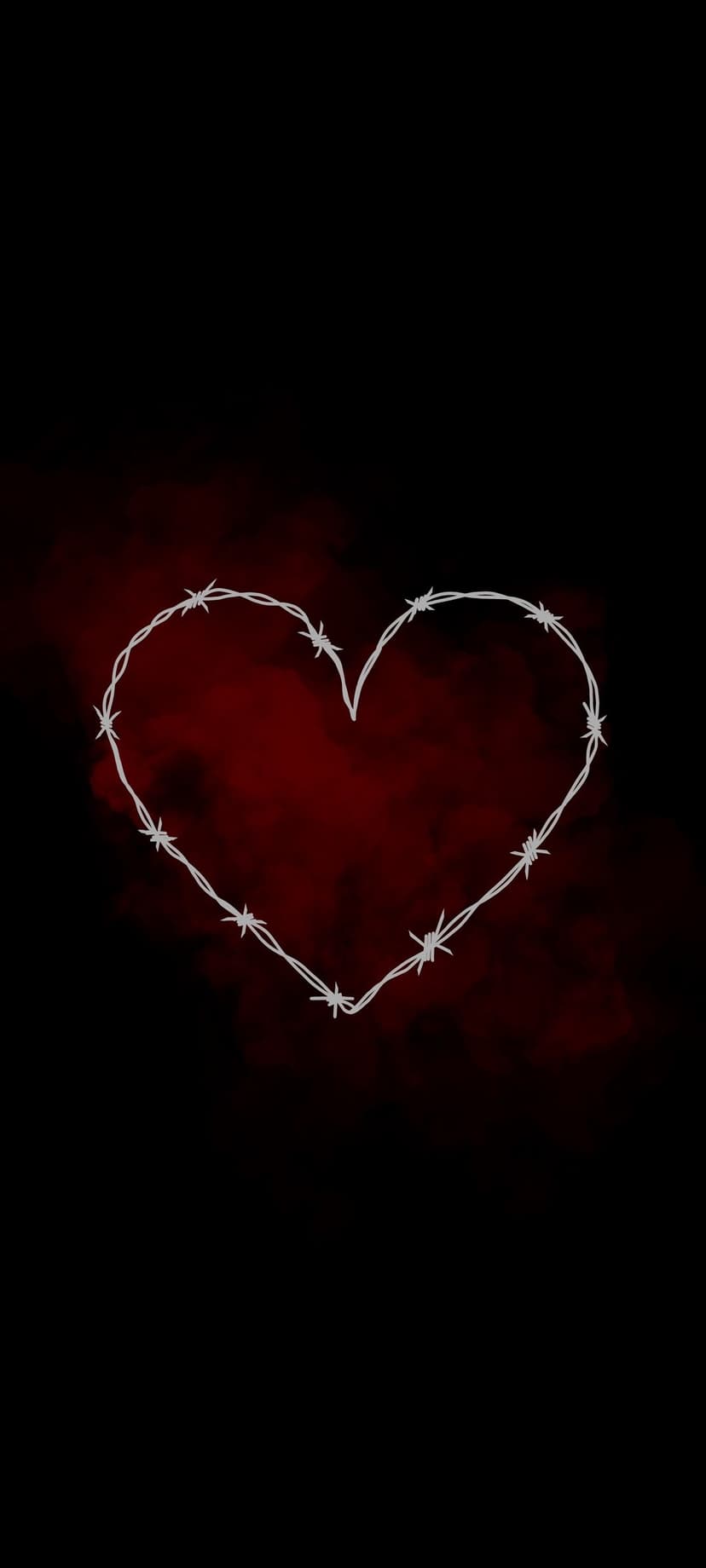 Barbed wire heart shape floating in thick dark red smoke with glowing highlights and sharp metallic spikes.