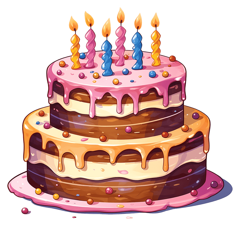 Layered birthday cake with candles features pink frosting and chocolate sponge layers on a transparent background.