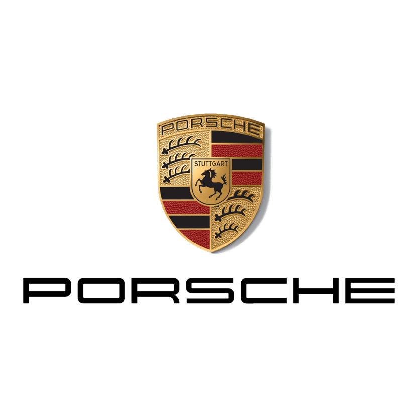 Porsche crest emblem featuring a gold shield with black antlers, red stripes, and a central black stallion.