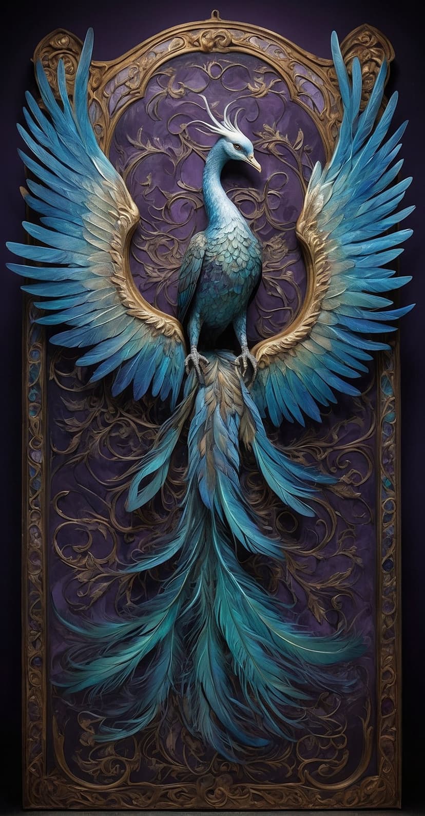 Blue phoenix with golden-tipped wings and a long teal tail soaring before an ornate purple and gold background.