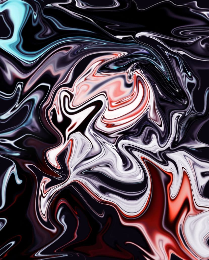 Crimson red and cyan blue ribbons swirl through deep black liquid marble, creating a high-contrast fluid texture.