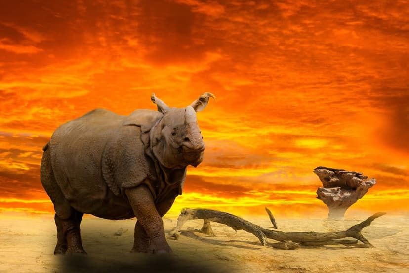 Rhinoceros standing on a sandy desert floor under a vibrant orange and red sunset sky with scattered driftwood.