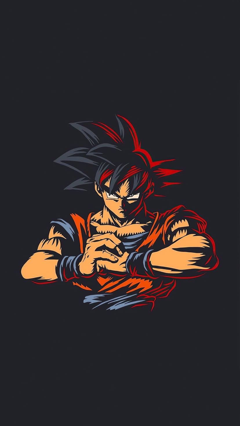 Goku in a fighting pose with clenched fists, orange gi, and red outlines against a dark minimalist background.