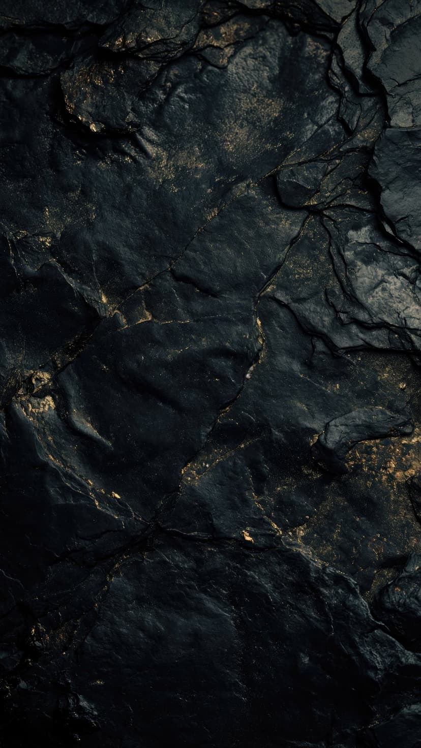 Gold veins and metallic flecks embedded in a dark, jagged obsidian rock surface with deep shadows and cracks.