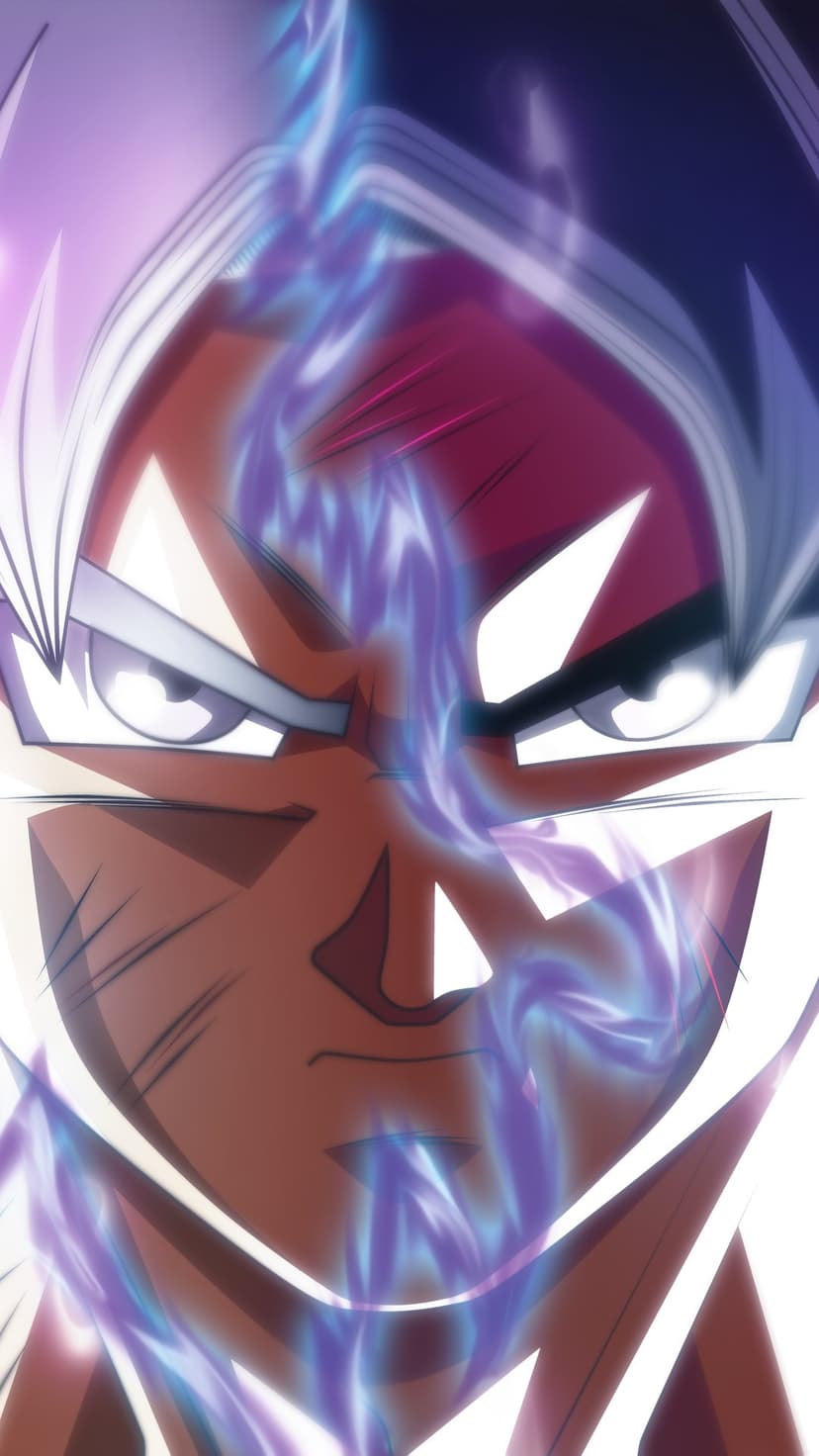 Goku split between black and white hair with a surging blue electrical aura around his face and glowing eyes.
