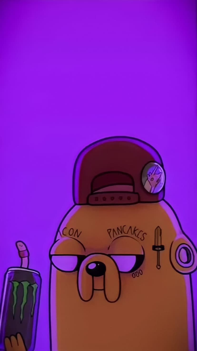 Yellow cartoon dog with face tattoos and a backwards hat holding a green energy drink can against purple.