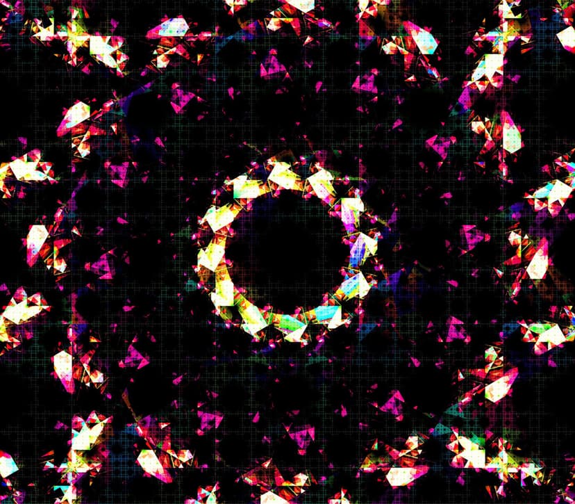 Faceted pink and green gemstones forming a glowing circular mandala against a dark, linear grid pattern.
