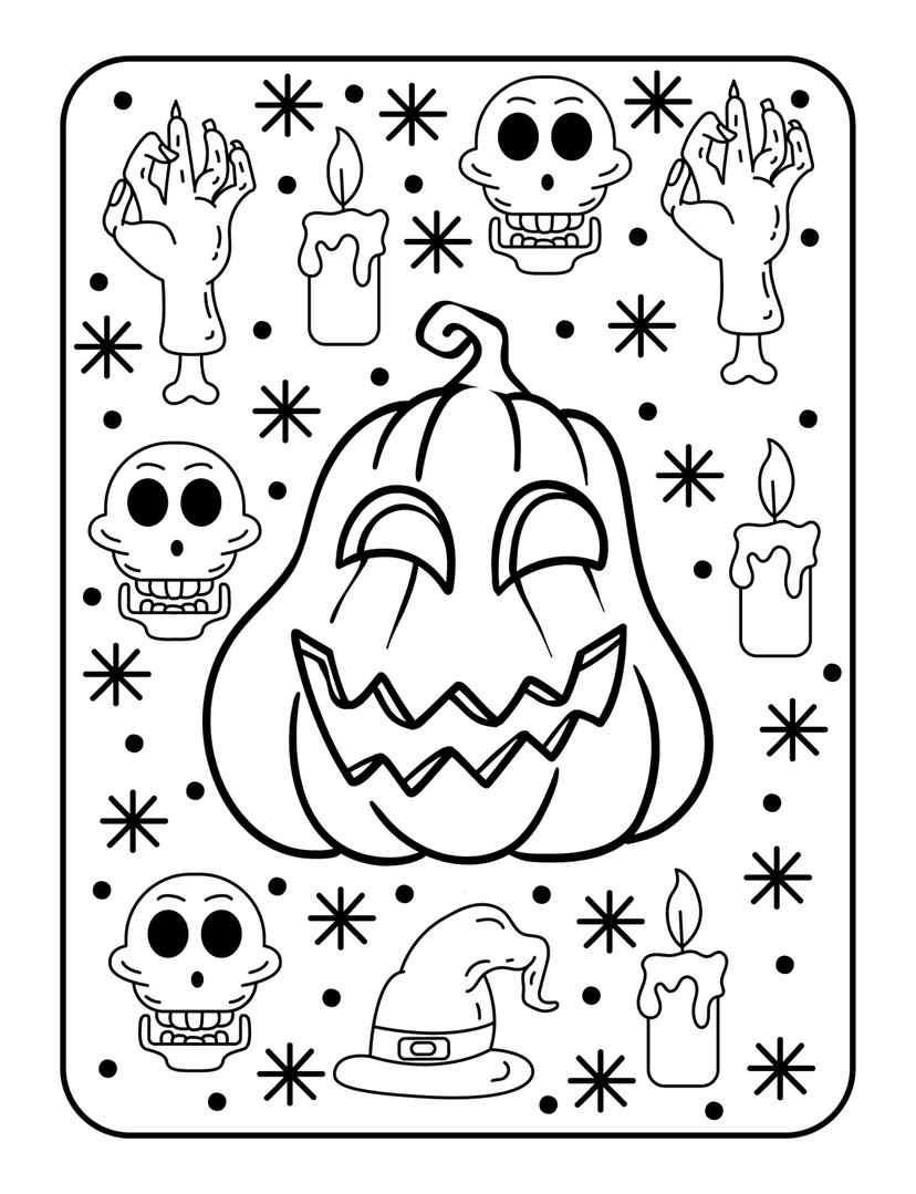 Halloween coloring page featuring a pumpkin, skulls, dripping candles, and a witch hat in black line art style.