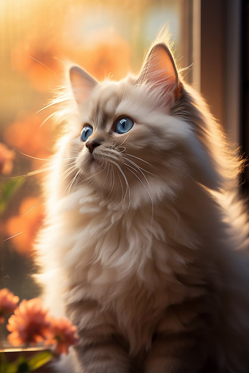 Ragdoll cat with bright blue eyes and cream fur sits in warm sunlight against a blurry orange floral background.