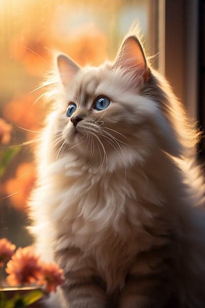 Fluffy Ragdoll Cat with Stunning Blue Eyes in Golden Light