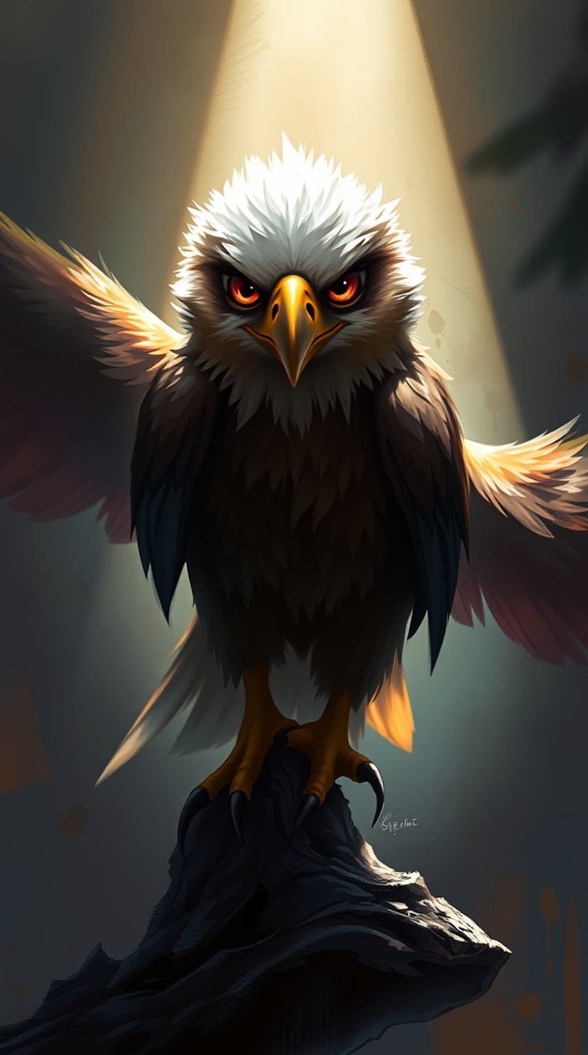 Bald eagle with red eyes and outstretched wings perches on a branch under a spotlight in a dark forest.