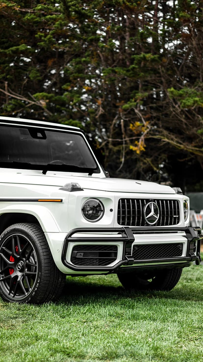 White Mercedes G-Wagon with round headlights and black wheels parked on green grass surrounded by leafy trees.