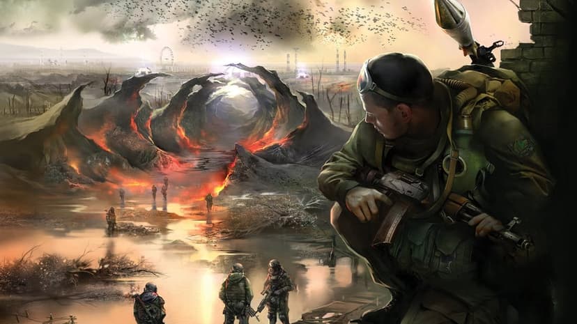 Soldier in tactical gear crouches near a glowing rock portal in a desolate, flooded wasteland with a Ferris wheel.