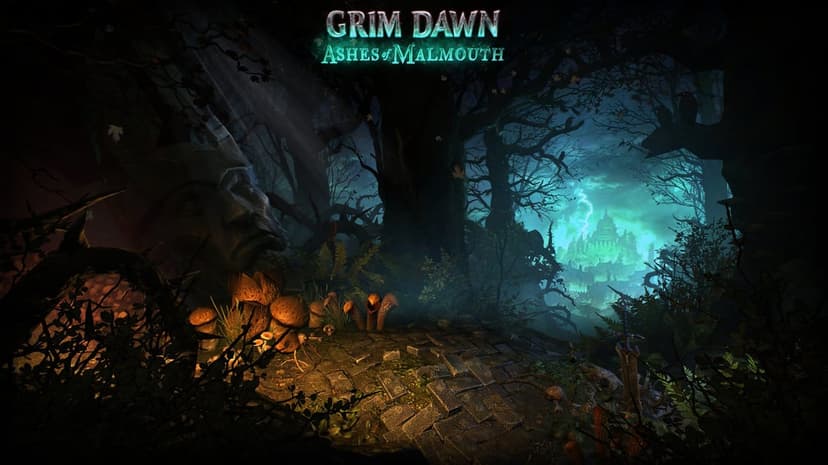 Dark forest path with glowing orange mushrooms, a large stone face, and a distant city under a teal stormy sky.
