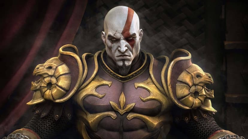 Kratos wearing golden ram armor with his iconic red face tattoo and a stern expression in a dark room.