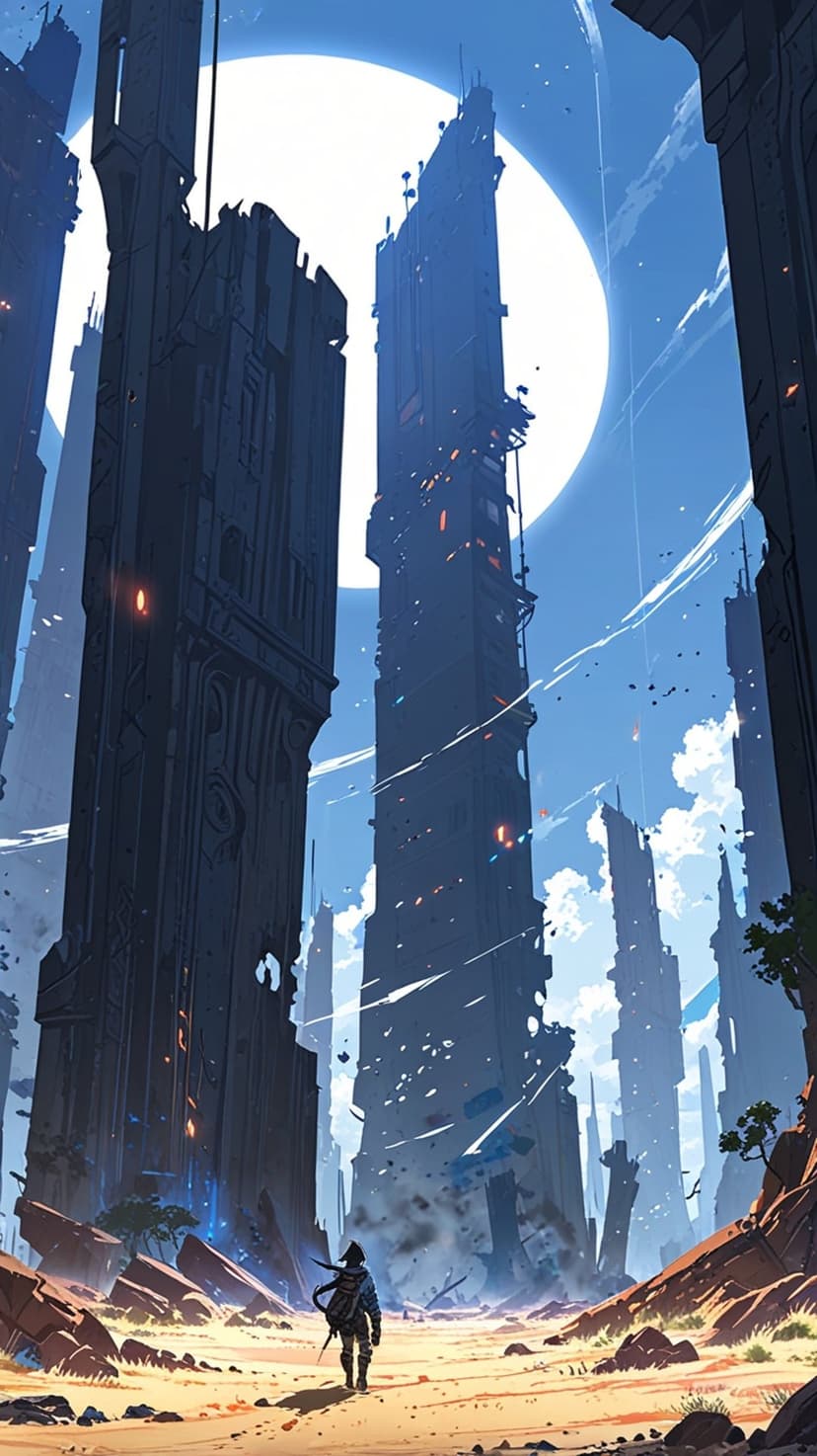 Cloaked traveler walking through a sandy wasteland toward massive skyscrapers under a bright glowing full moon.