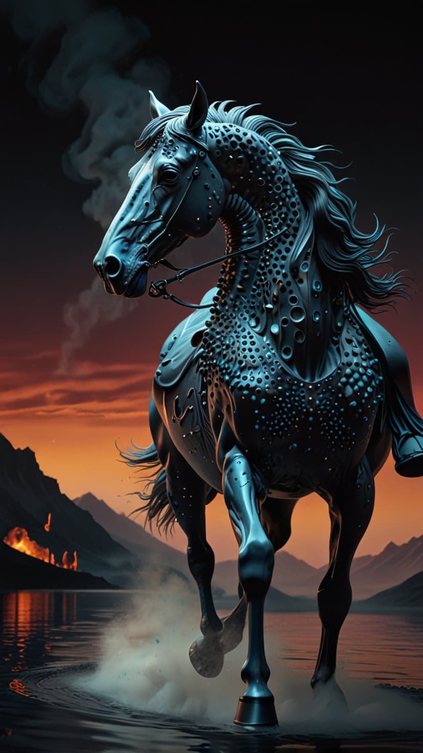 Mechanical horse with metallic hide gallops through a misty lake under a fiery red sky with distant mountain peaks.