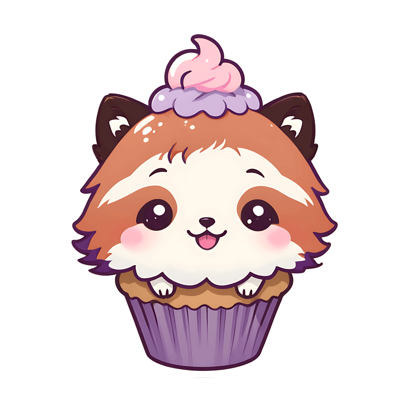 Red panda cupcake sticker with a chibi character, pink frosting, and a white border on a plain background.