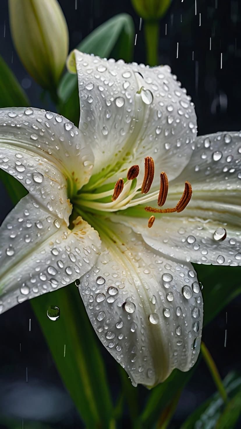 White lily petals covered in spherical raindrops with visible yellow stamens against a blurred dark background.