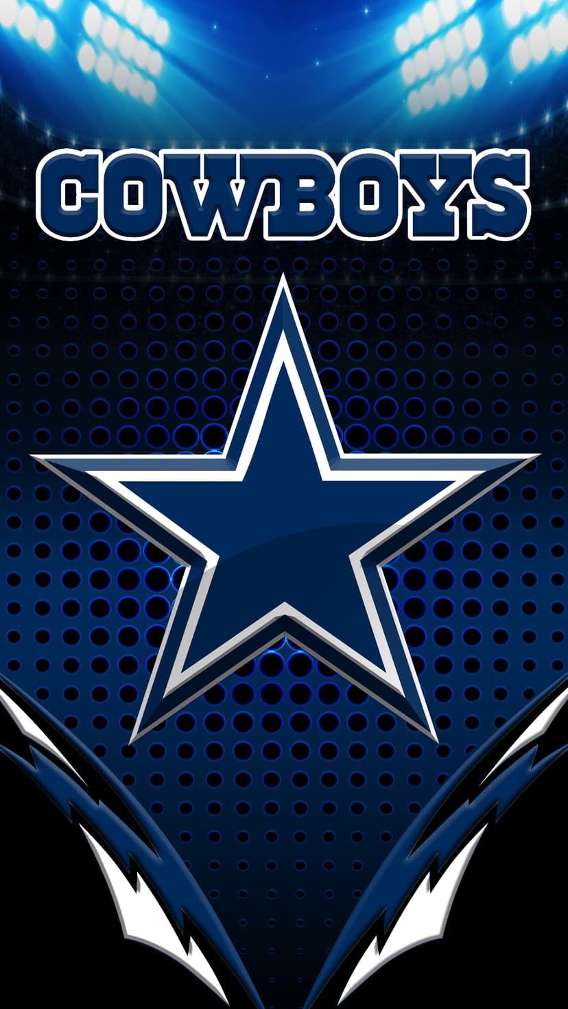 Dallas Cowboys silver star logo centered on a textured blue background with bright white stadium floodlights.