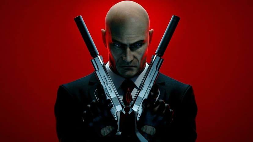Agent 47 in a black suit crosses two silver silenced pistols against a vibrant red background with intense lighting.