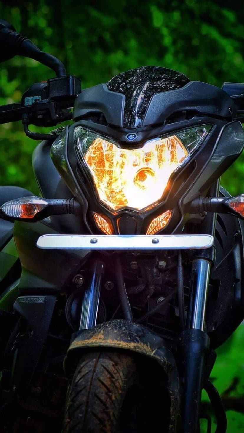 Motorcycle headlight with an orange glow and amber turn signal stands before a blurred green forest background.