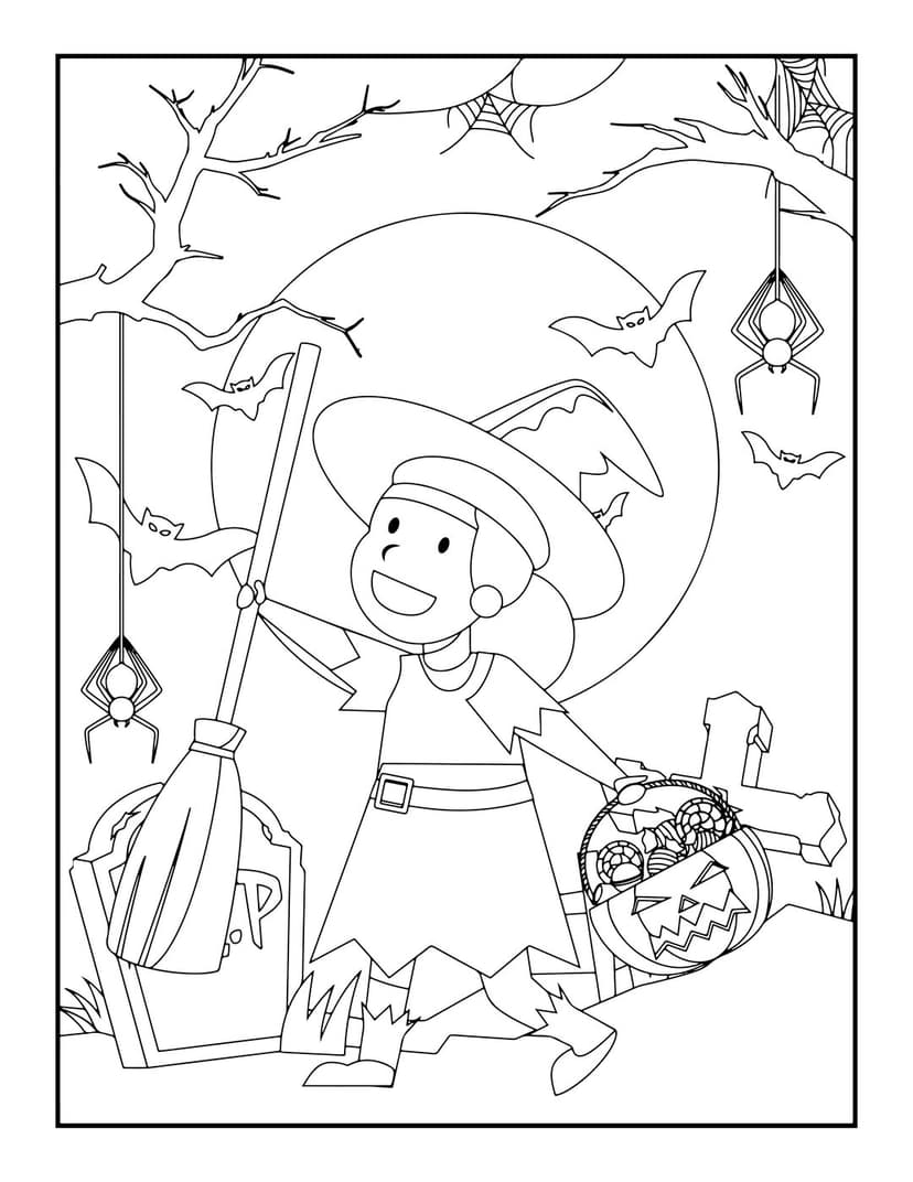 Witch coloring page outline showing a character holding candy near a pumpkin, tombstone, and hanging spiders.