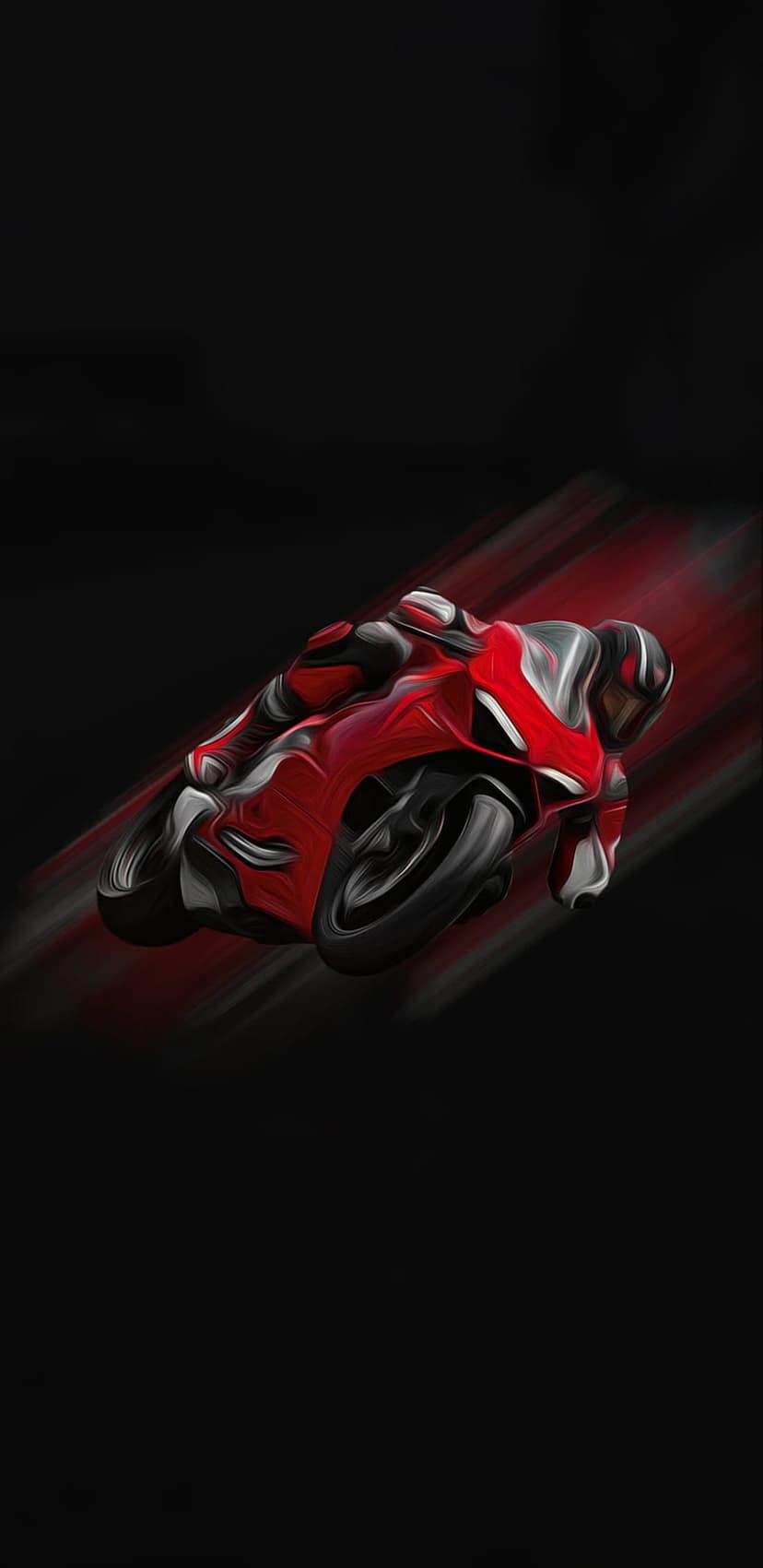 Red sportbike leaning into a sharp curve with a blurred dark background and a rider in a matching racing suit.