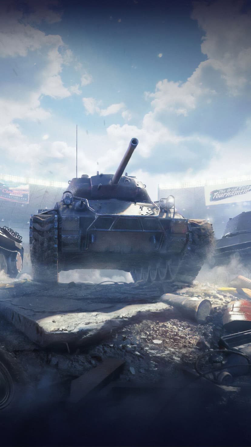 Low-angle view of a dark tank in a stadium arena with rubble in the foreground and a cloudy blue sky background.