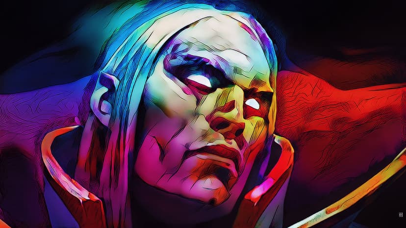 Close-up of a fantasy character with glowing white eyes and long hair in a multi-colored digital art style.