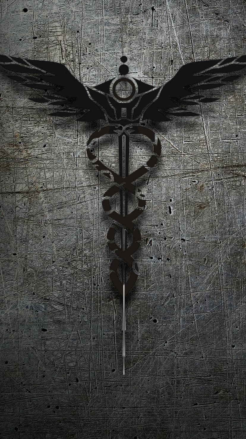 Black caduceus symbol with wings and serpents centered on a dark, scratched metallic industrial surface.