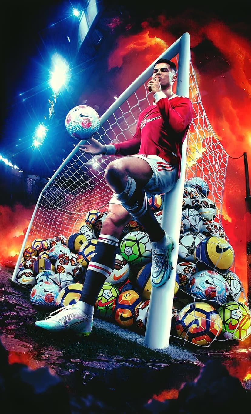 Cristiano Ronaldo in a red jersey stands near a goalpost surrounded by dozens of soccer balls under orange light.