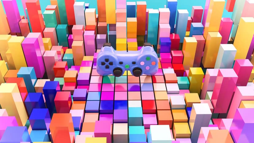 Light blue game controller sits on a cluster of colorful rectangular blocks against a soft blue background.