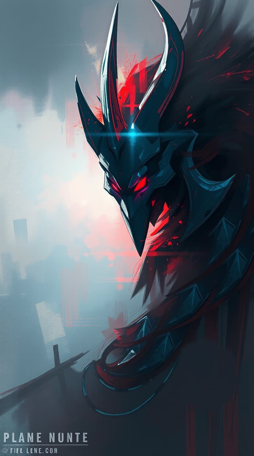 Dragon warrior in black metallic armor with glowing red eyes stands against a hazy urban city background.