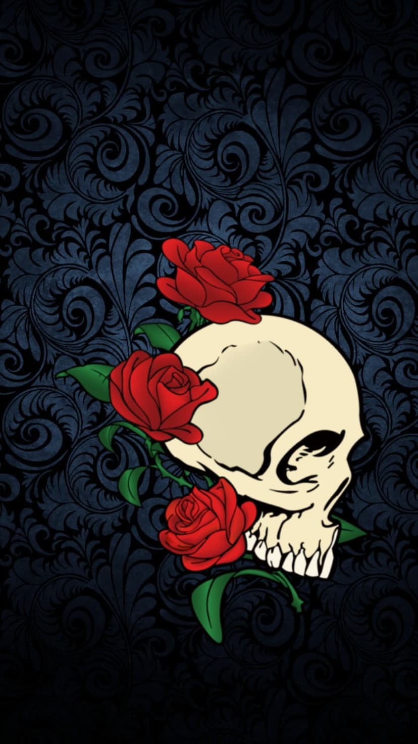 Human skull framed by red roses and green leaves against a dark ornate damask pattern in a vertical layout.