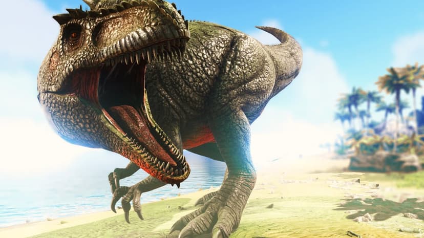 Roaring Giganotosaurus with wide-open jaws on a bright tropical beach with turquoise water and palm trees.